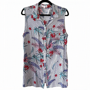 MARIE-CLAIRE Pinstriped & Floral Print Sleeveless Button Up Blouse Size Large